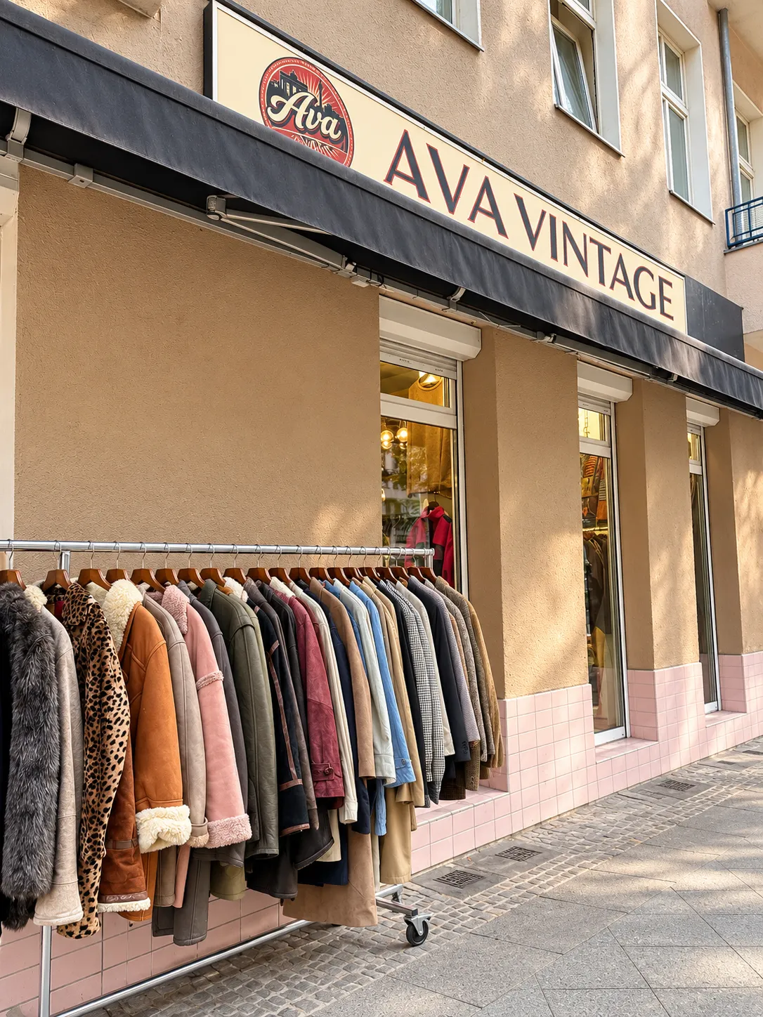 Ladenfront von Ava Vintage in der Weserstraße 215 mit Ladenschild und einer Kleiderstange voller Mäntel vor dem Schaufenster